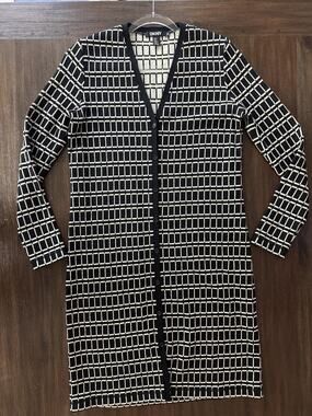 DKNY Duster Long Cardigan Sweater Womens Medium Windowpane Merino Wool Knit